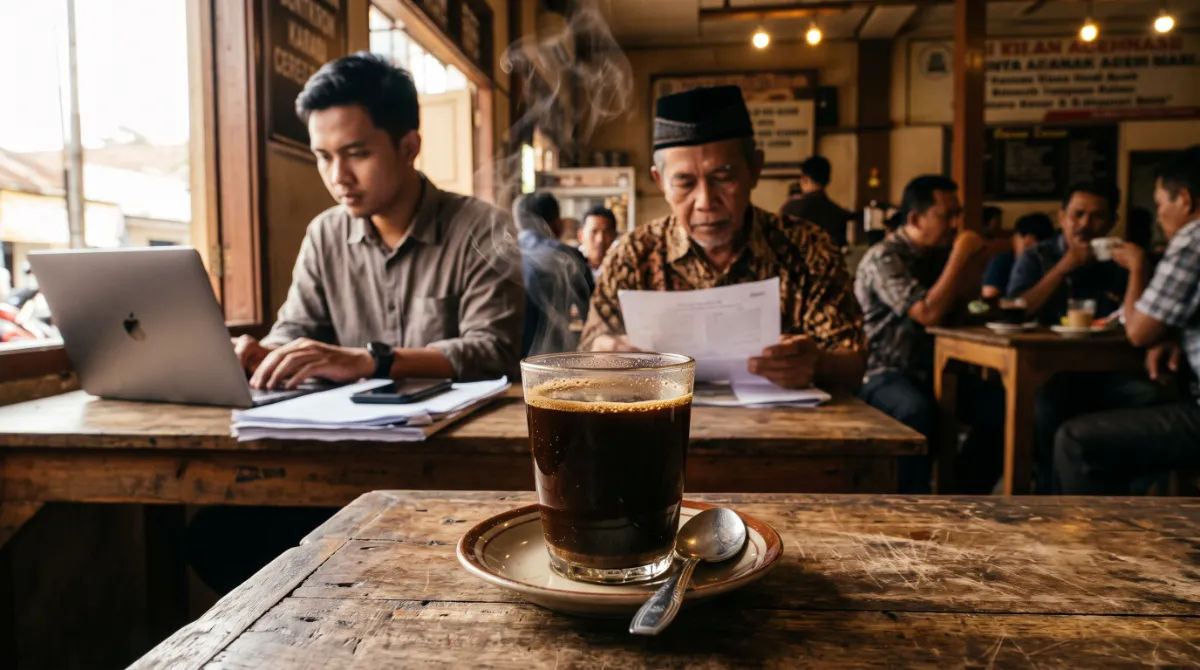 Kesibukan di salah satu sudut warung kopi di Banda Aceh yang kini bertransformasi menjadi ruang kerja bersama bagi lintas generasi.