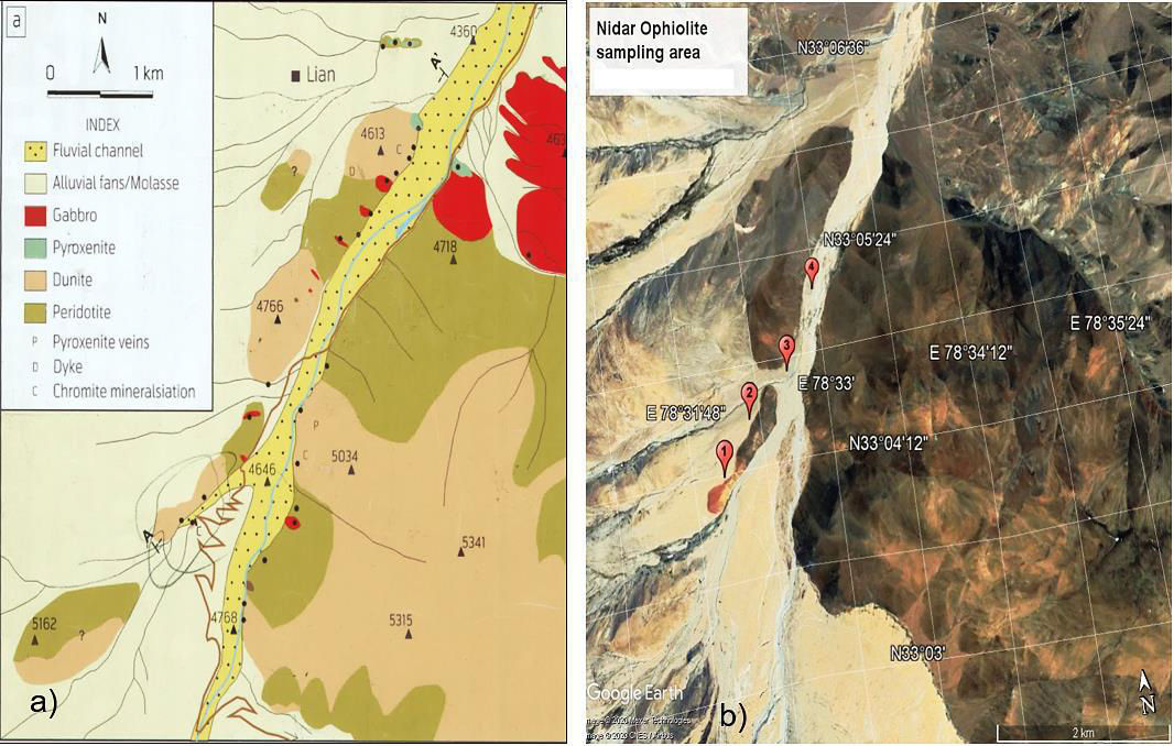 Study area map showing lithology and geomorphic features of the Nidar Ophiolite Complex