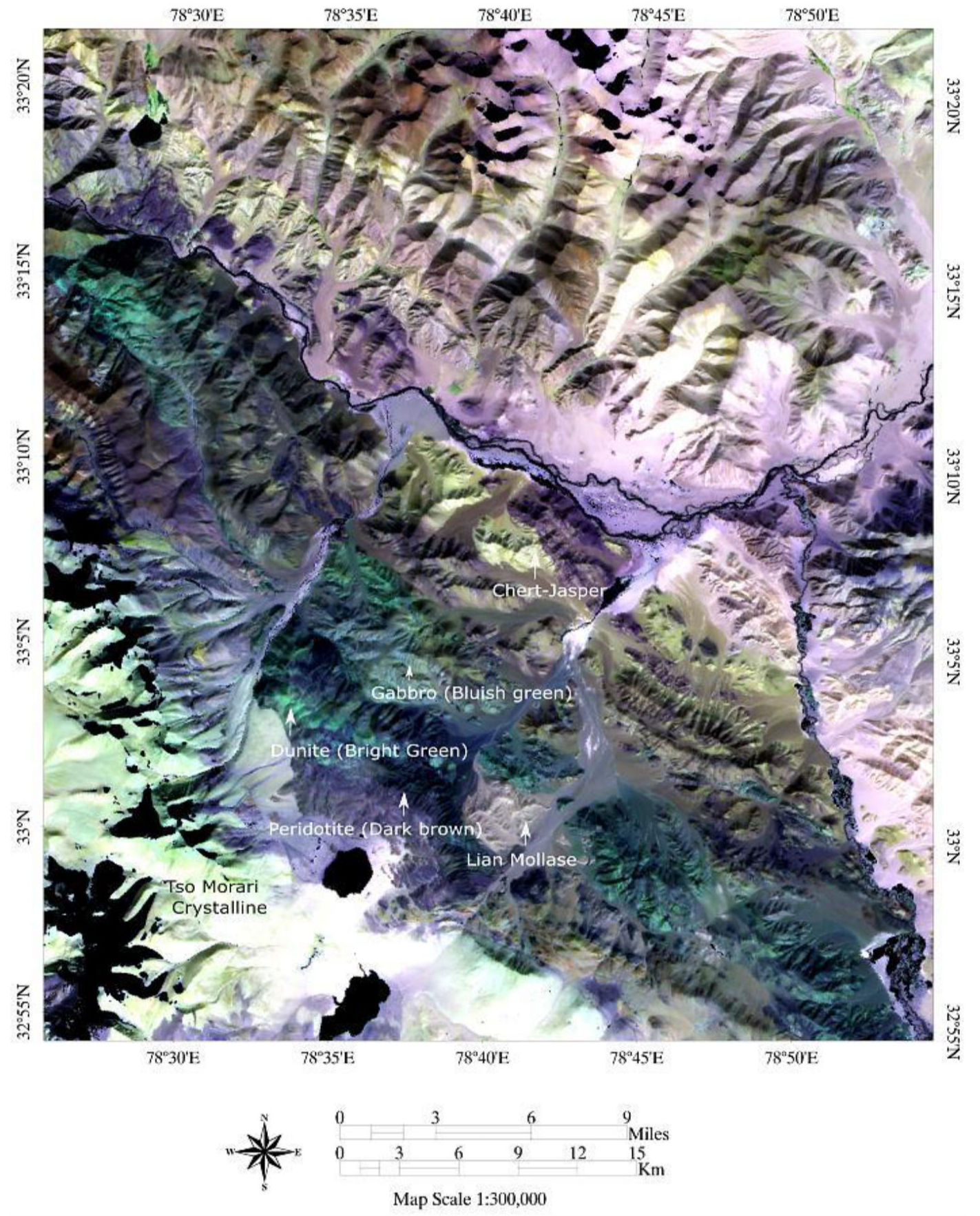 ASTER false-colour composite (Bands 7–4–2 in RGB) of the Nidar Ophiolite Complex