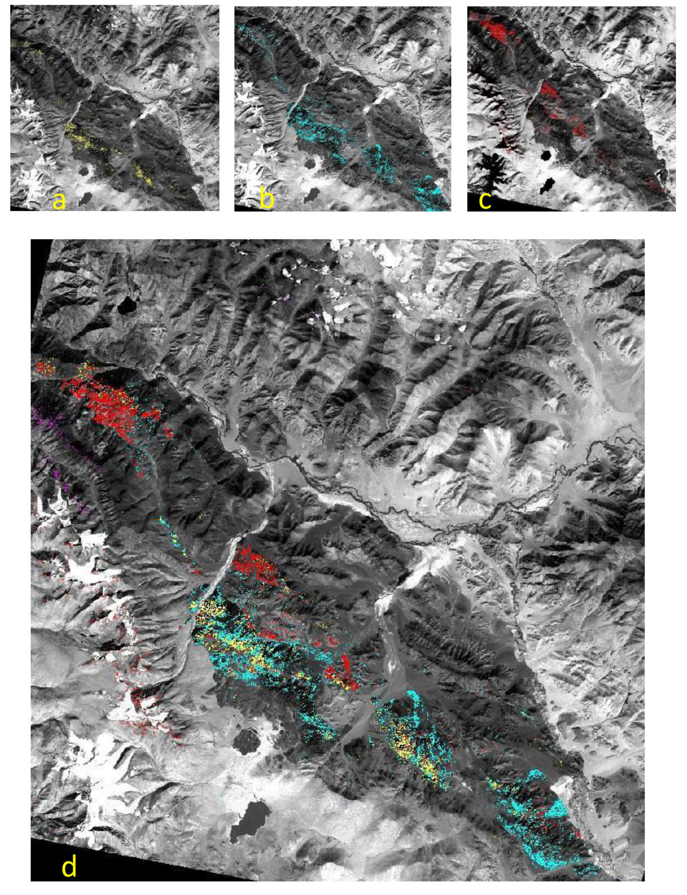 ASTER SAM classification results showing peridotite, dunite, gabbro, and pillow lava distribution