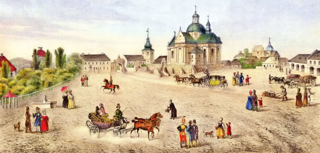 Площа Ринок у Жовкві, XIX століття. Малюнок: Карел Ауер / Wikipedia