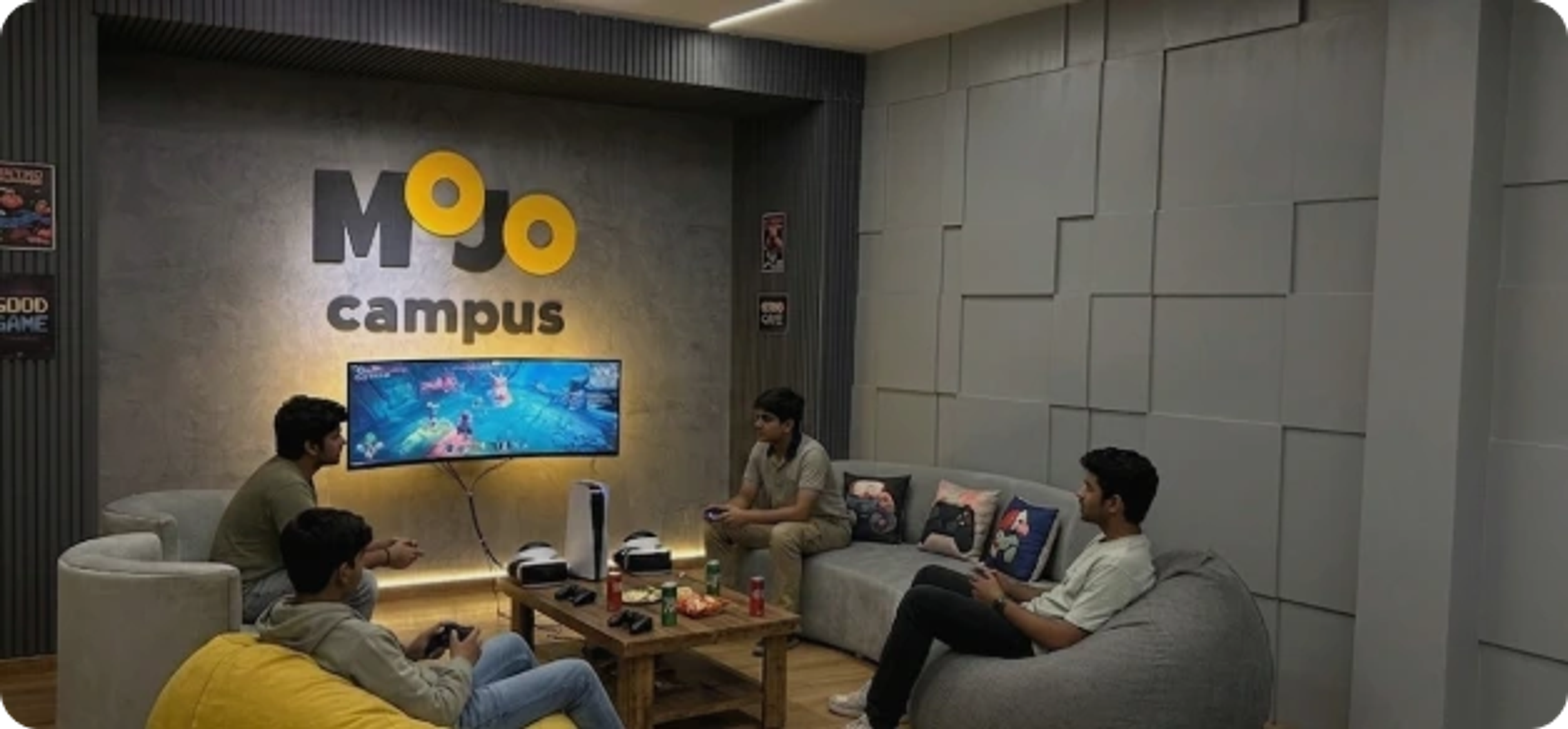 Gaming and lounge area with big screen