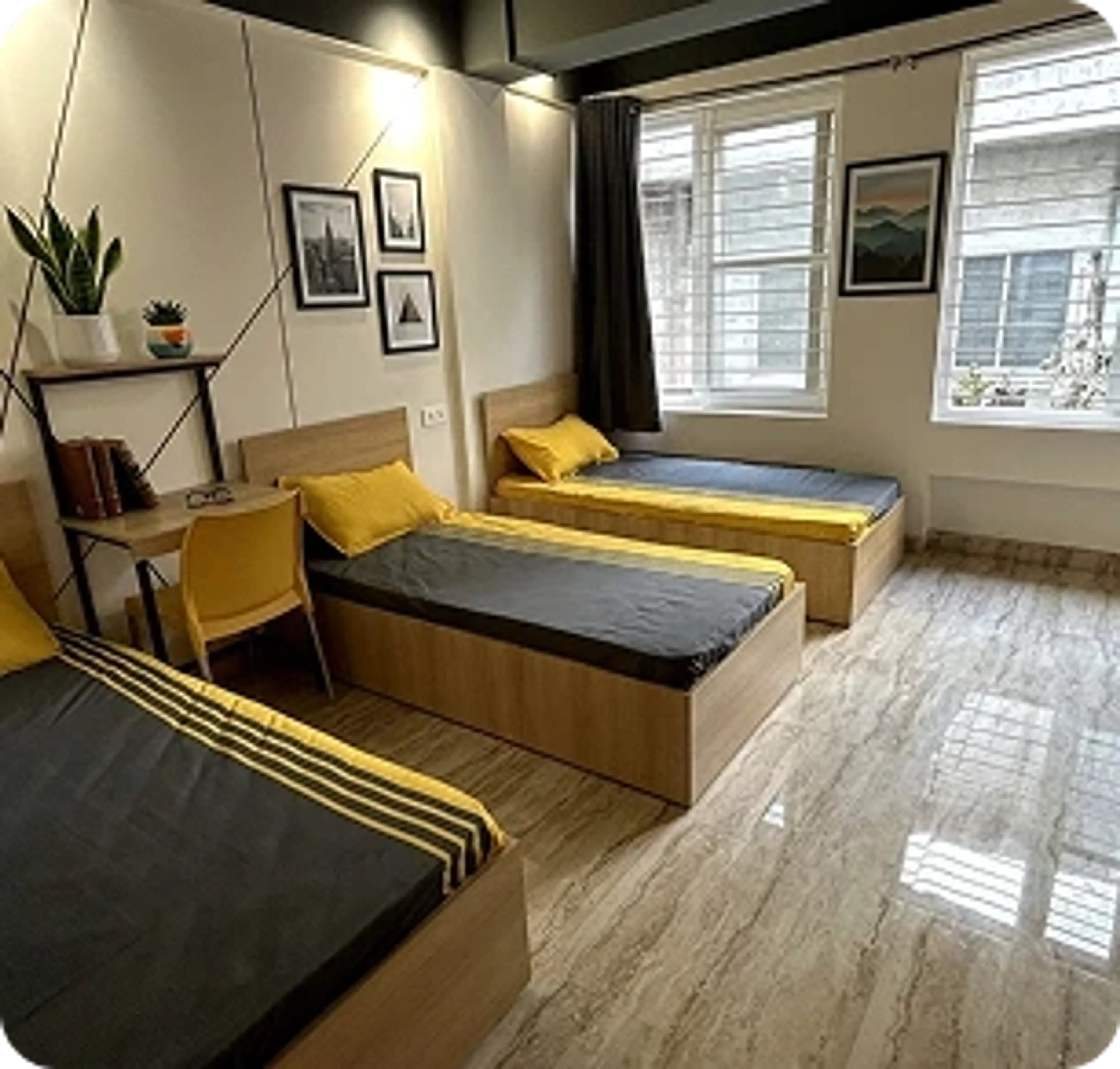 Triple sharing room with three beds