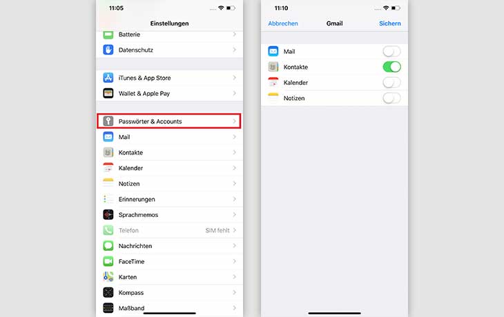 iPhone-Kontakte mit Google Konto übertragen
