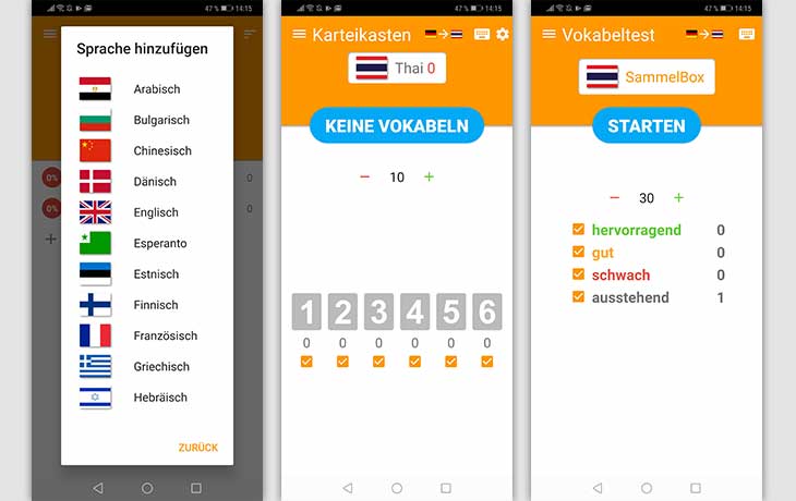 Vokabeltrainer-App: Screenshots Vokabelbox