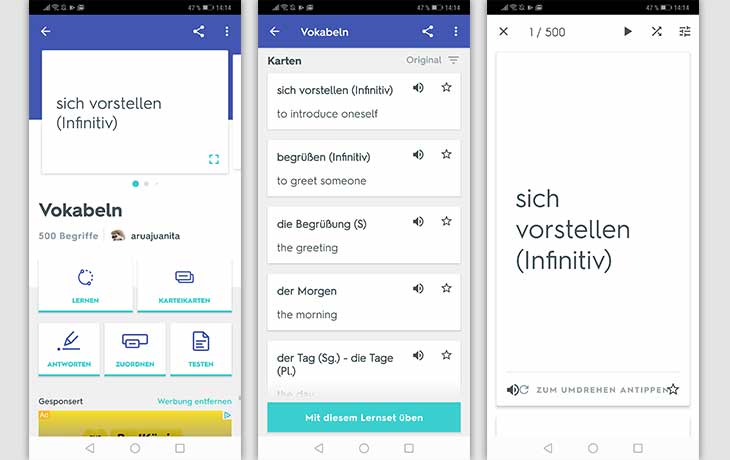 Vokabeltrainer-App: Screenshots Quizlet