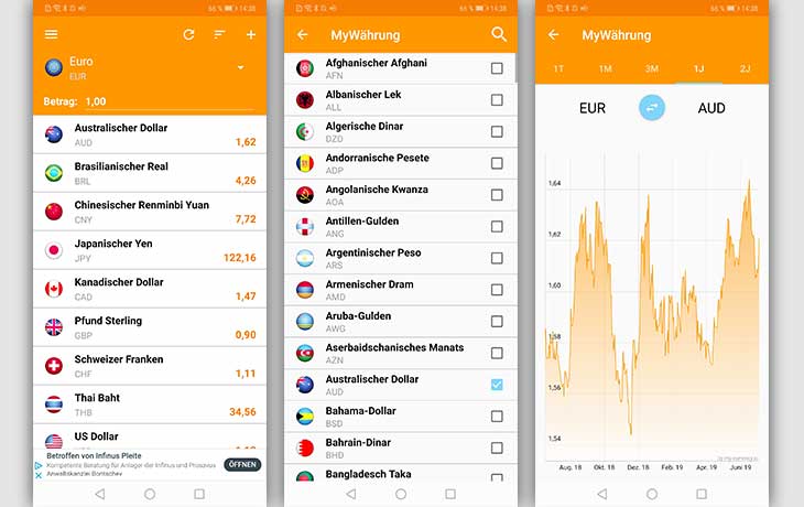 Währungsrechner-App: Screenshots MyWährung