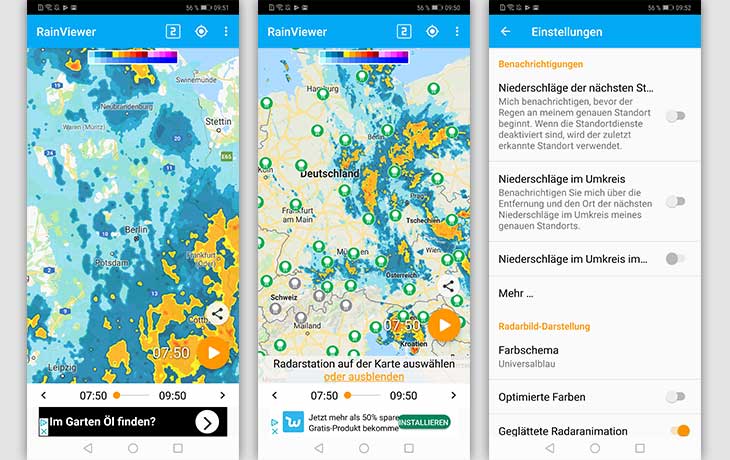 Regenradar-App: Screenshots RainViewer