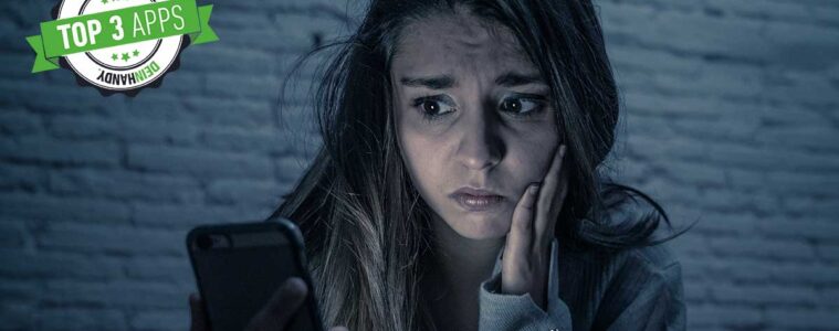 Ortungs-App: Besorgte Frau, die auf ihr Handy guckt