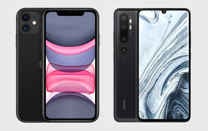 Xiaomi Mi Note 10 und iPhone 11 Vorder- und Rückseite Xiaomi Mi Note 10 und iPhone 11 Vorder- und Rückseite