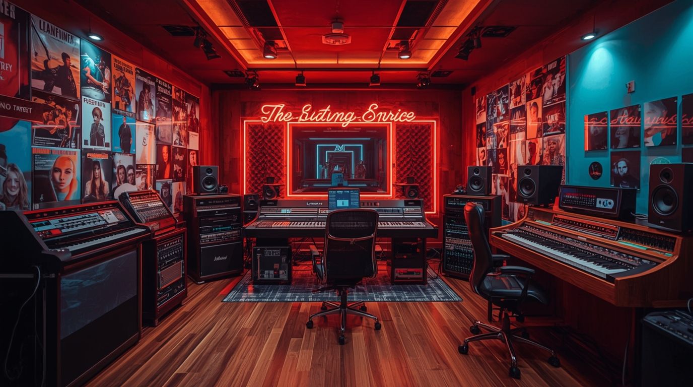 Music production agency team composing and producing in studio with artists
