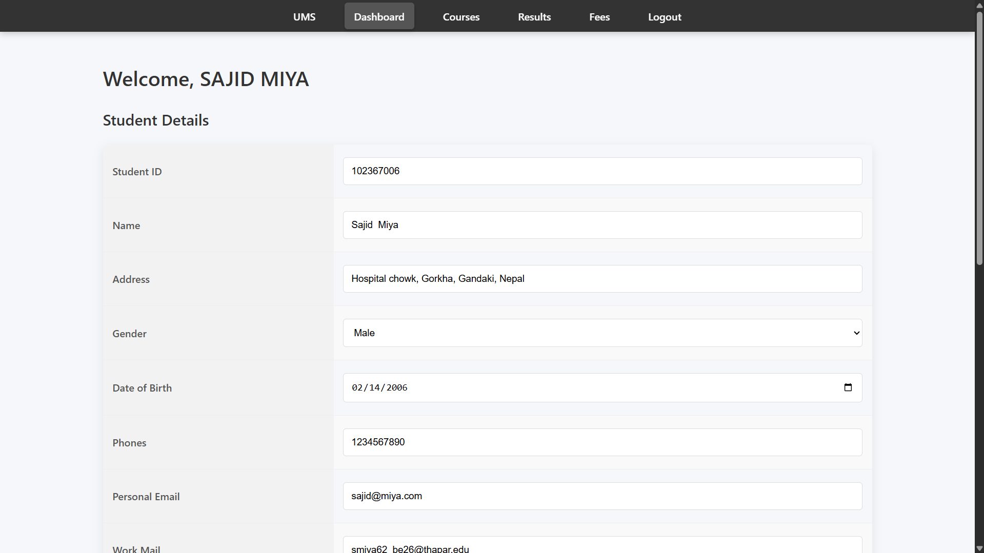 Student Dashboard Page