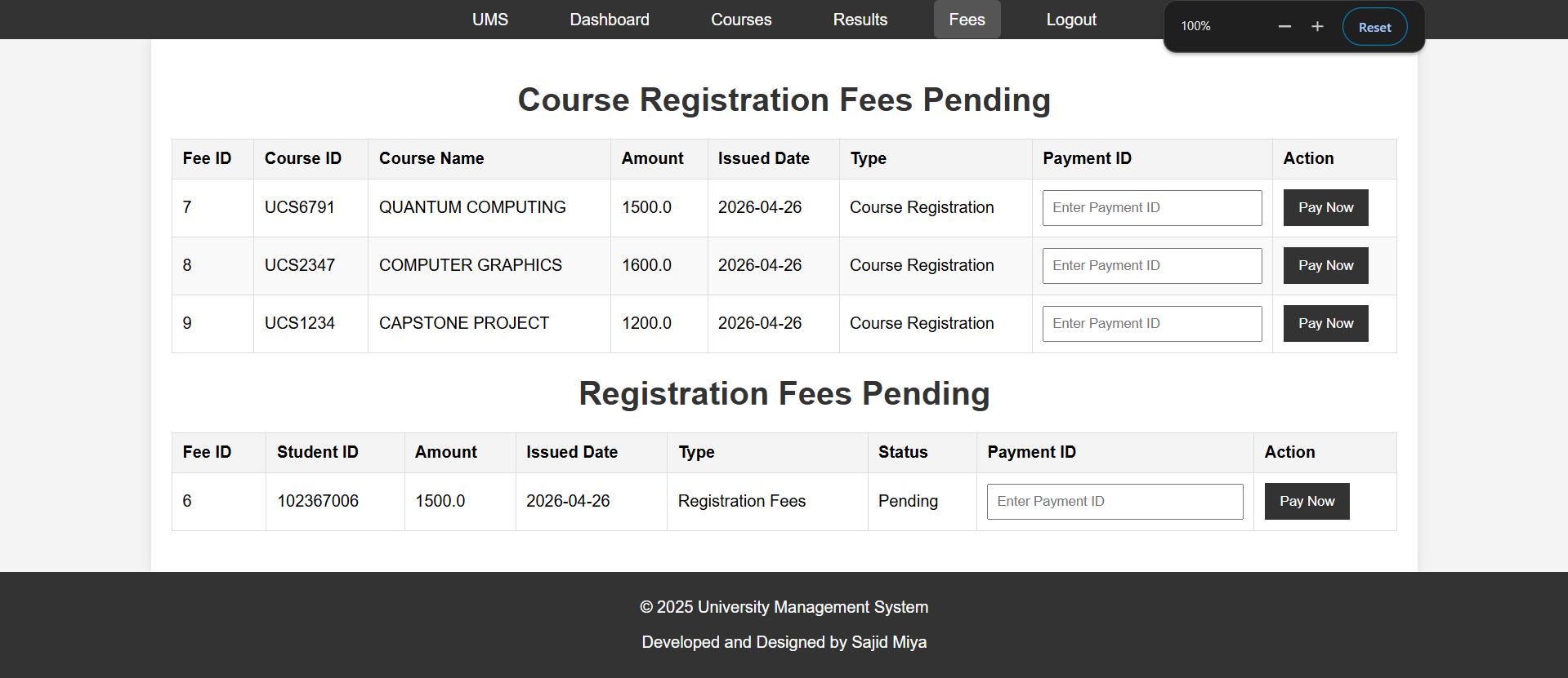 Student Fees Page