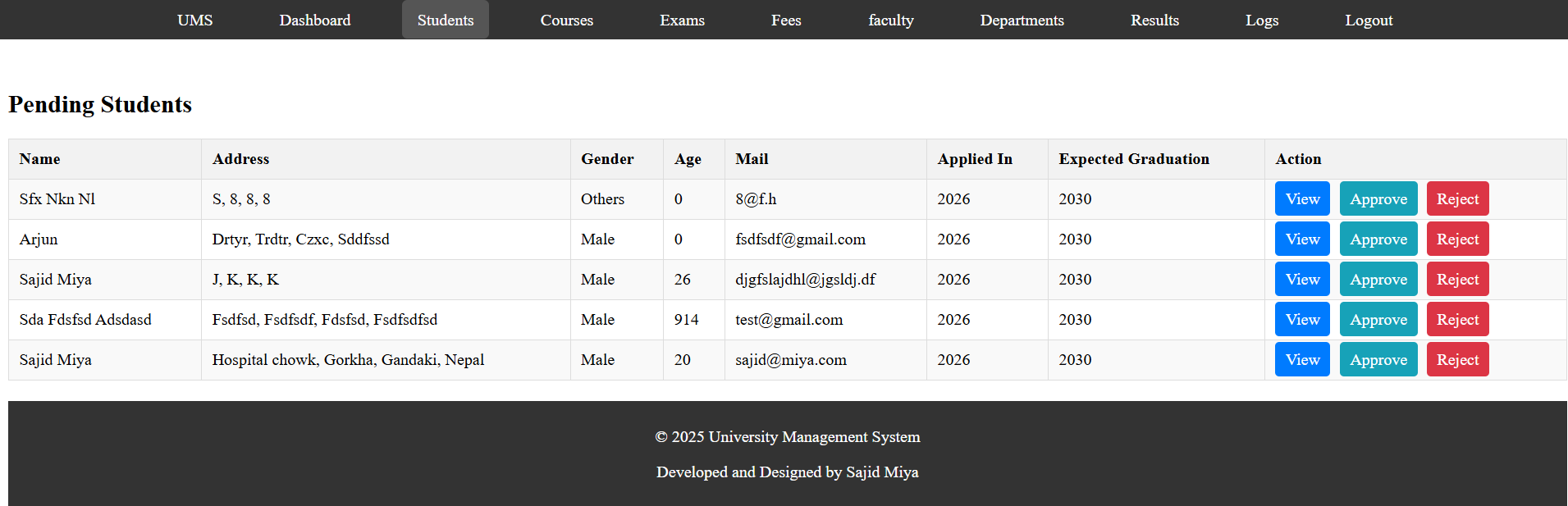 Manage Students Page