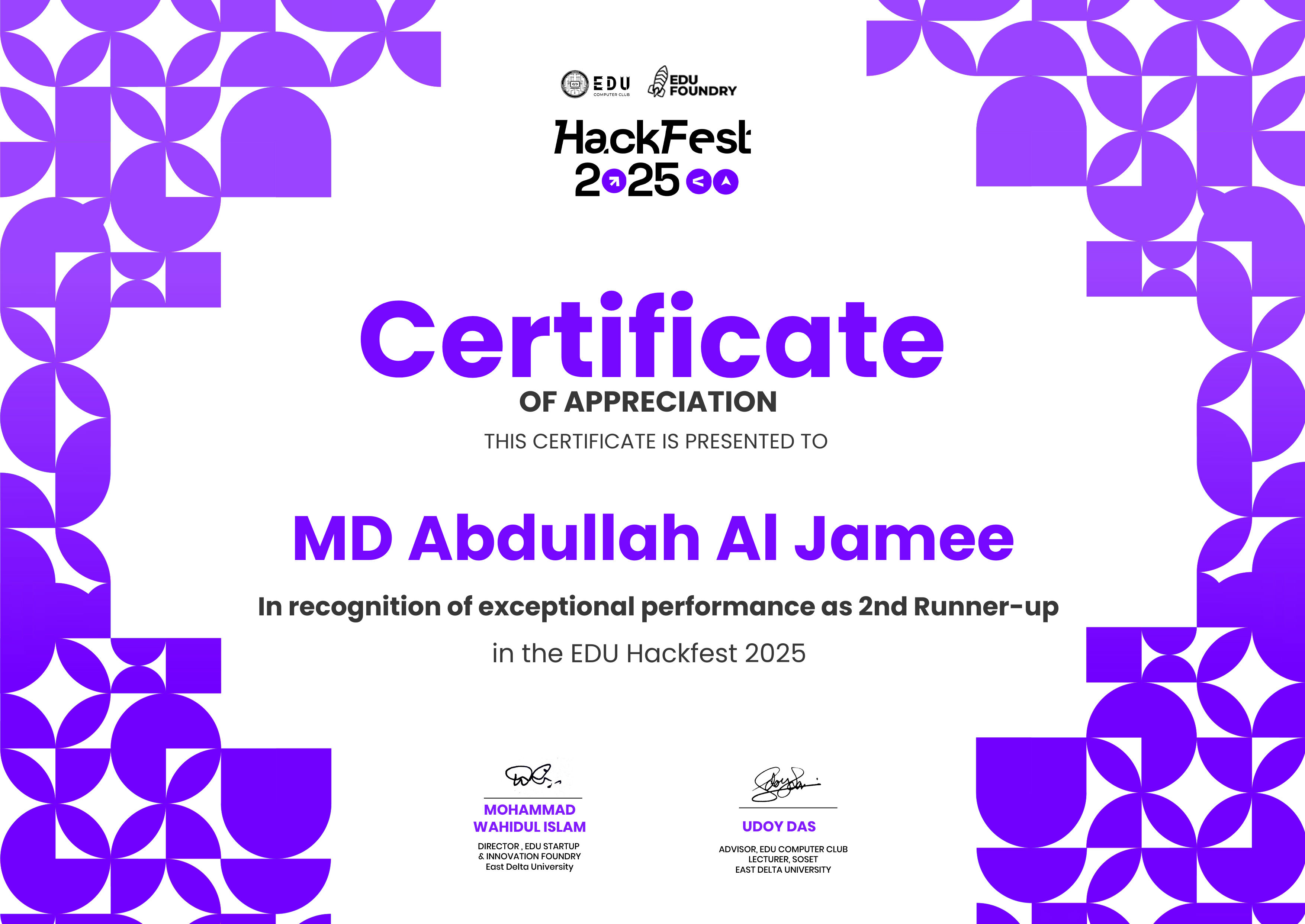 Hackfest Runner-up Certificate