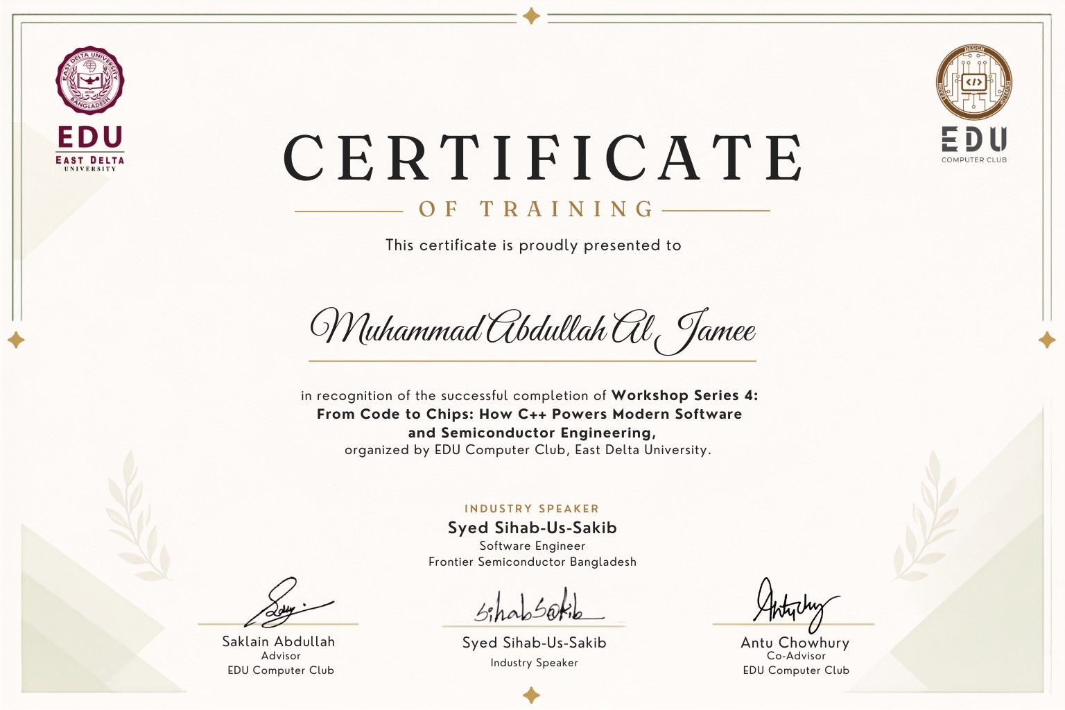 Muhammad Abdullah Al Jamee Certificate of Training