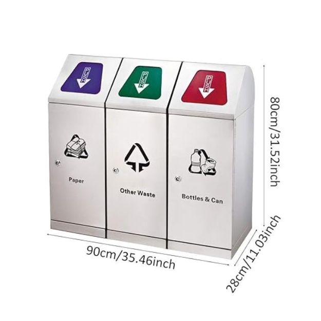 Industrial WN-009 Stainless Steel 3-in-1 Compartments Large Waste Bins Trash Can Without Pedal