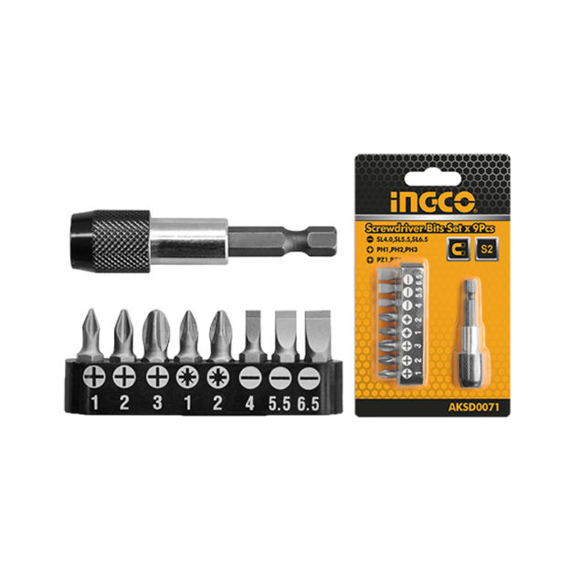 Ingco AKSD0071 9 Pcs Steel Magnetic Screwdriver With Holder Bits Set