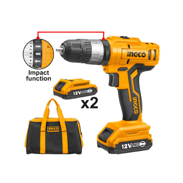 Ingco CIDLI1222 Lithium-Ion Cordless 12V Rechargeable Battery Powerful Impact Drill