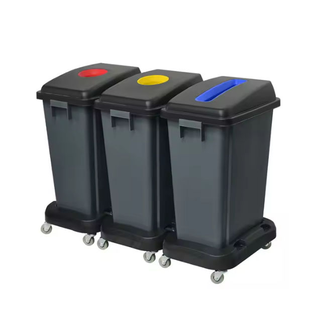 Outdoor AF07333A 60Litre Plastic Garbage 3in1 Compartment Recycle Trash Trolley Dustbin
