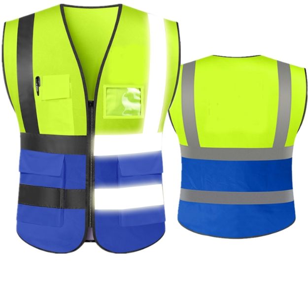 Reflective Safety Vest Yellow Blue Breathable Mesh Jacket with Zipper and Multiple Pockets