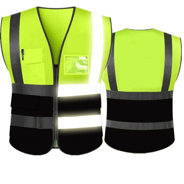Reflective Safety Vest Yellow Black Mesh Jacket Breathable with Zipper and Multiple Pockets