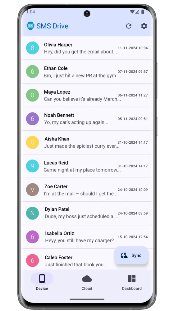 SMS Drive app home screen showing SMS backup status