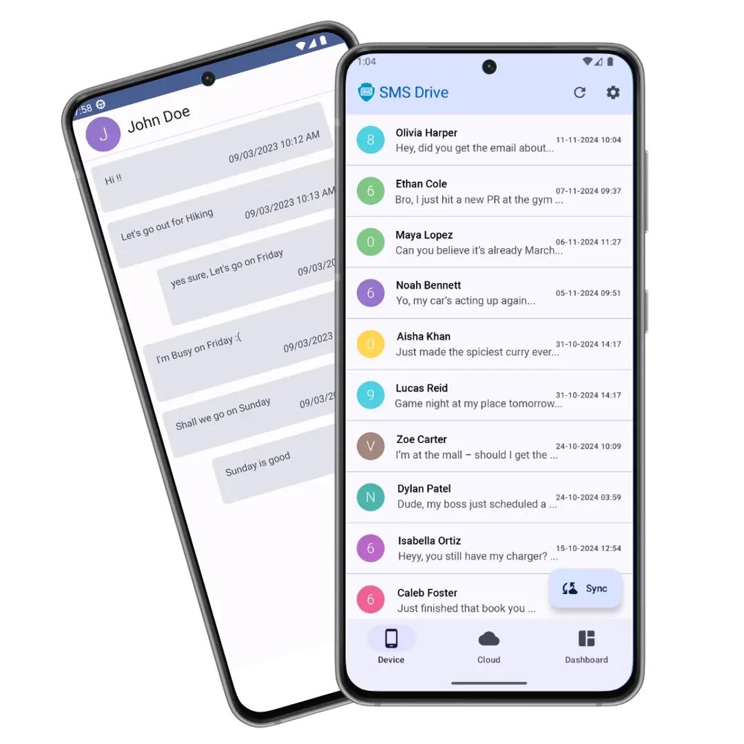 SMS Drive app dashboard showing secure SMS backup and multi-device sync