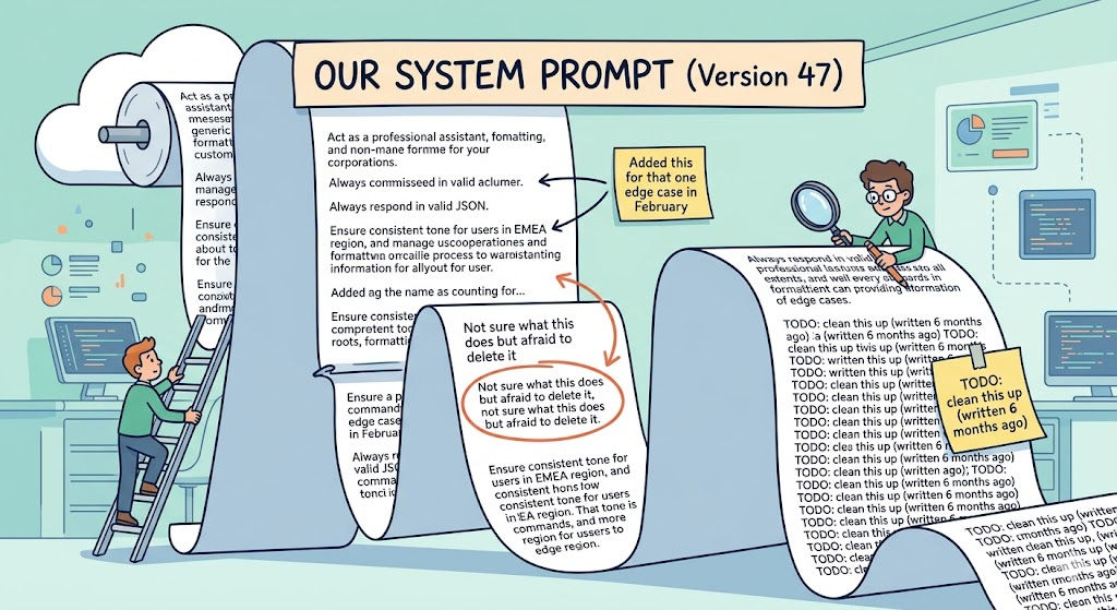 Illustration of an overly long system prompt filled with old notes and edge-case additions