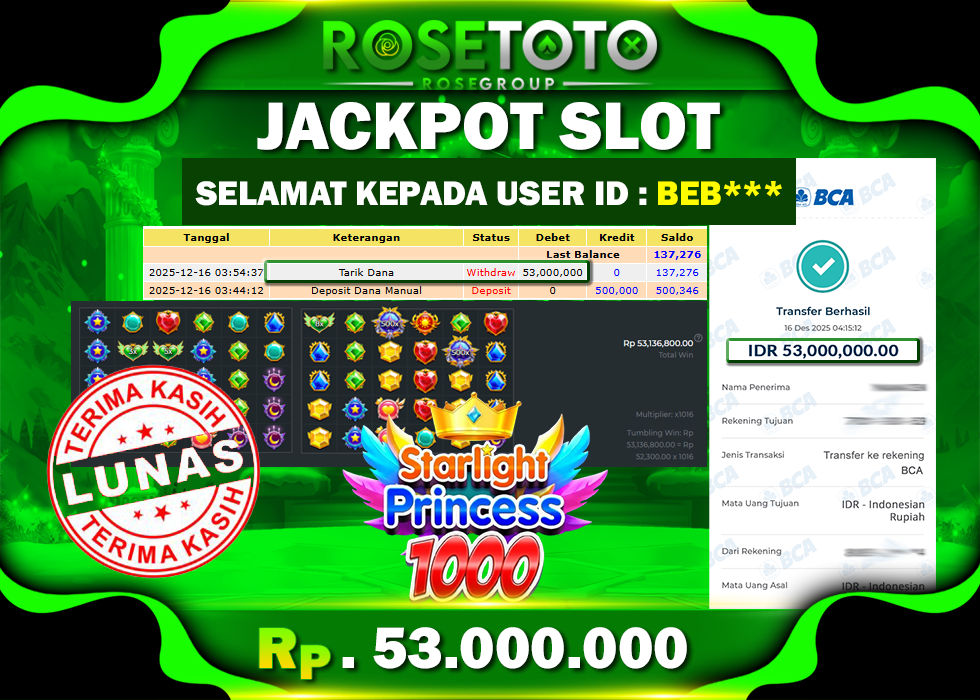 ROSETOTO JACKPOT SLOT STARLIGHT PRINCESS 1000 Rp.53.000.000.,- LUNAS