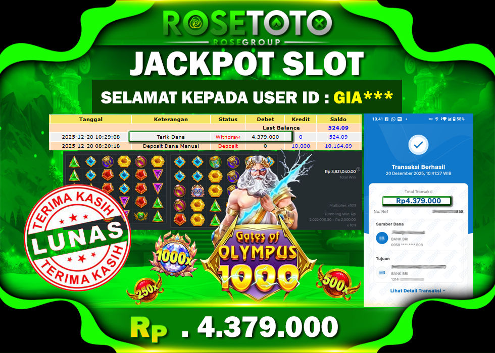 ROSETOTO JACKPOT SLOT GATES OF OLYMPUS 1000 Rp.4.379.000.,- LUNAS