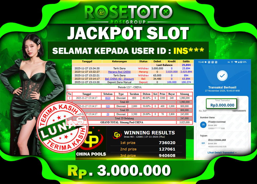 ROSETOTO JACKPOT TOGEL CHINA POOLS Rp.3.000.000.,- LUNAS