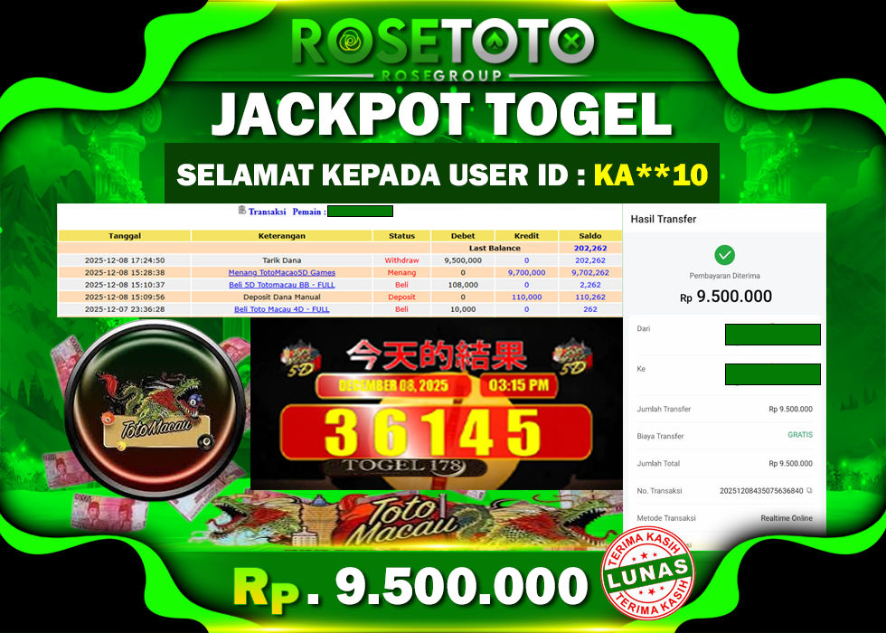 ROSETOTO JACKPOT TOGEL TOTO MACAU Rp.9.500.000.,- LUNAS