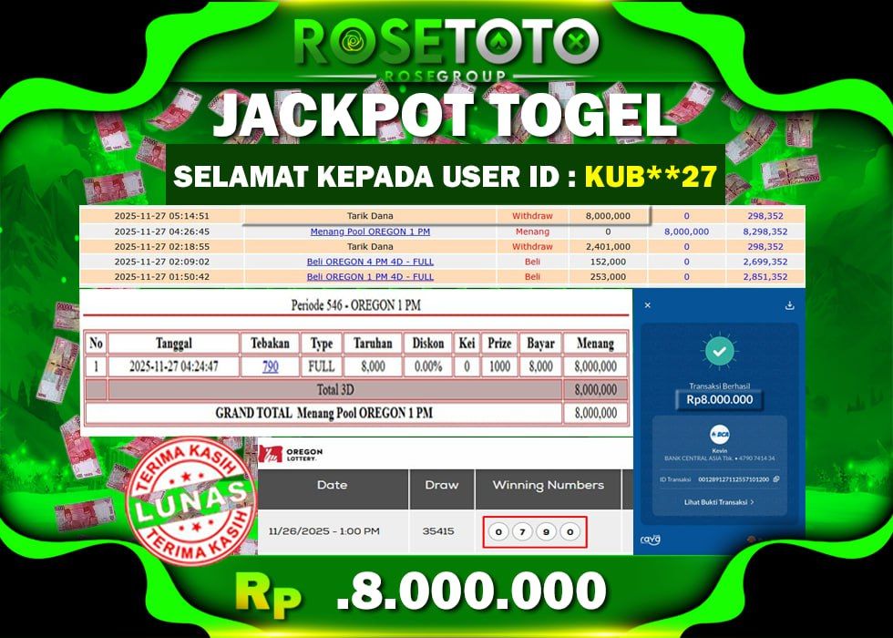 ROSETOTO JACKPOT TOGEL OREGON 1 Rp.8.000.000.,- LUNAS