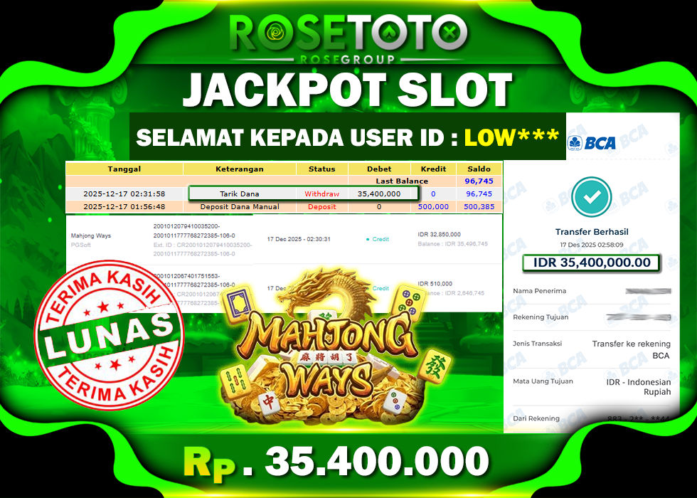 ROSETOTO JACKPOT SLOT MAHJONG WAYS Rp.35.400.000.,- LUNAS