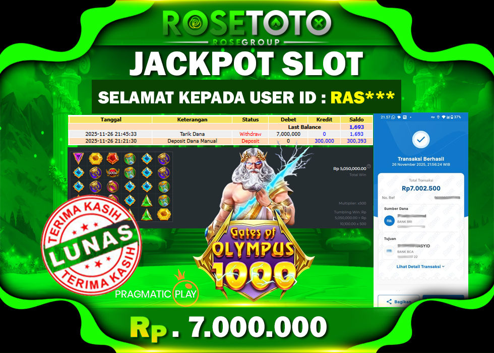 ROSETOTO JACKPOT SLOT GATES OF OLYMPUS 1000 Rp.7.000.000.,- LUNAS