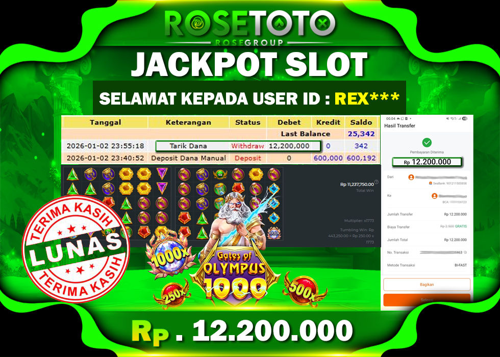 ROSETOTO JACKPOT SLOT GATES OF OLYMPUS 1000 Rp.12.200.000.,- LUNAS