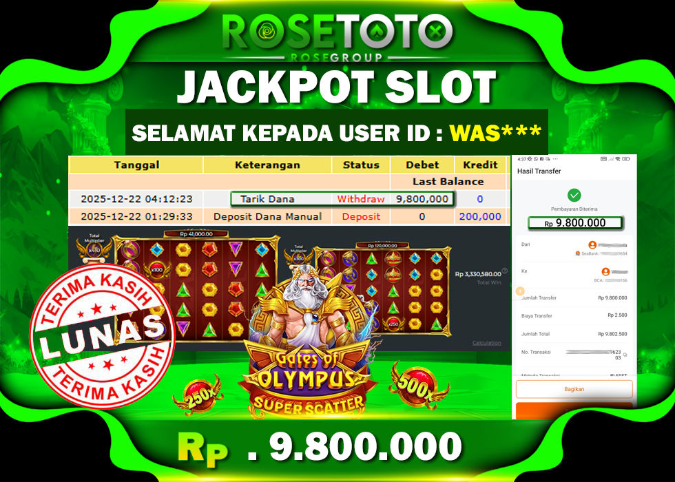 ROSETOTO JACKPOT SLOT GATES OF OLYMPUS SUPER SCATTER Rp.9.800.000.,- LUNAS