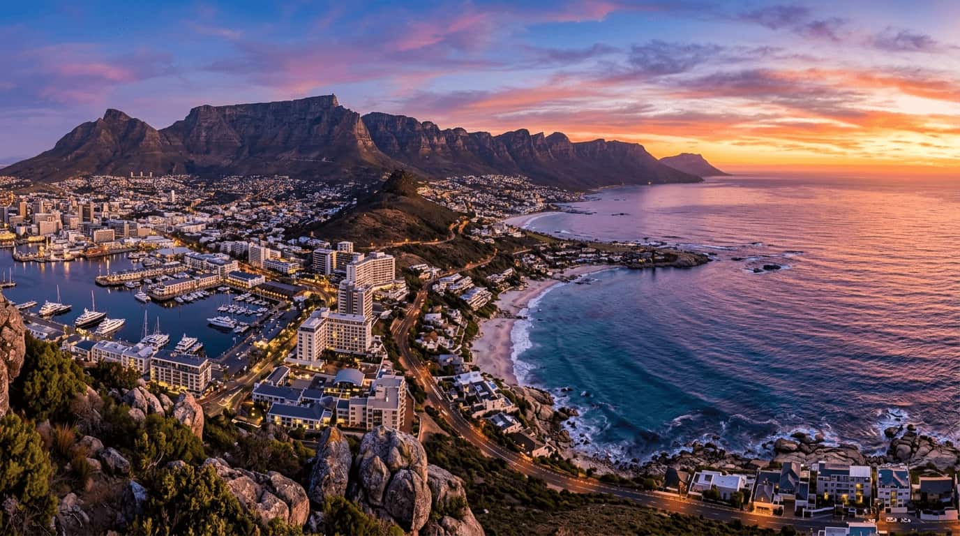 Table Mountain rising above Cape Town and the Atlantic coastline