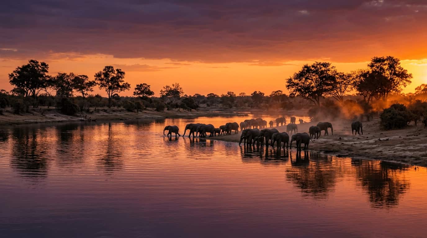 Elephant herd at the Chobe River in Botswana
