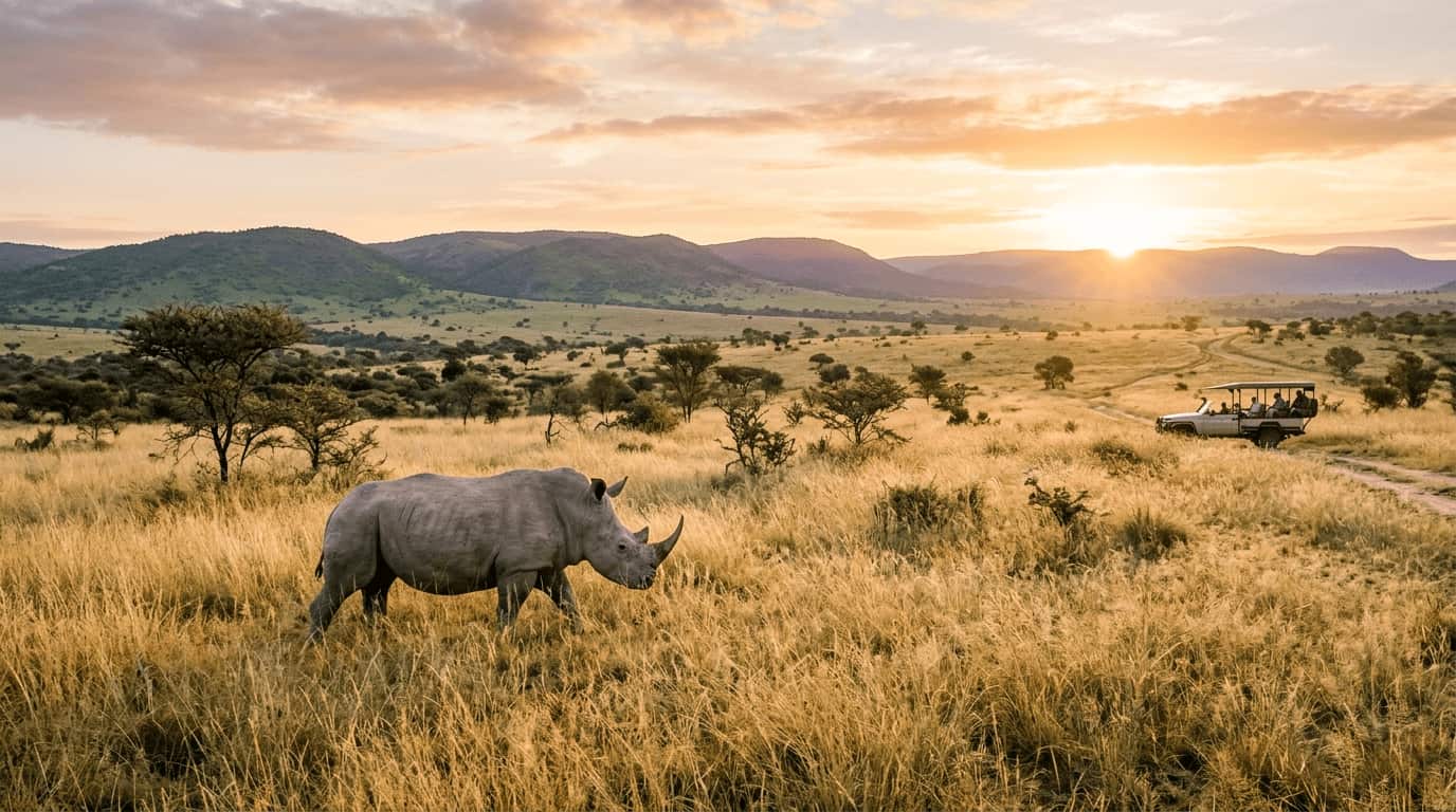 Rhino grazing next to a safari vehicle on a game drive
