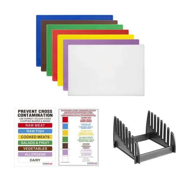 Hygiplas Low Density Chopping Boards Set with Rack (Set of 7 – 10mm High)
