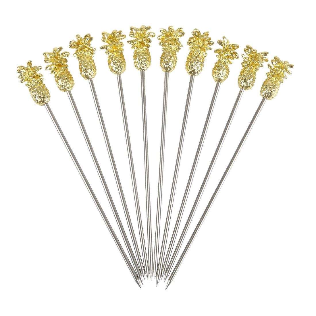 cz591_new1 Beaumont Pineapple Garnish Pick Gold Plated (Pack of 10)