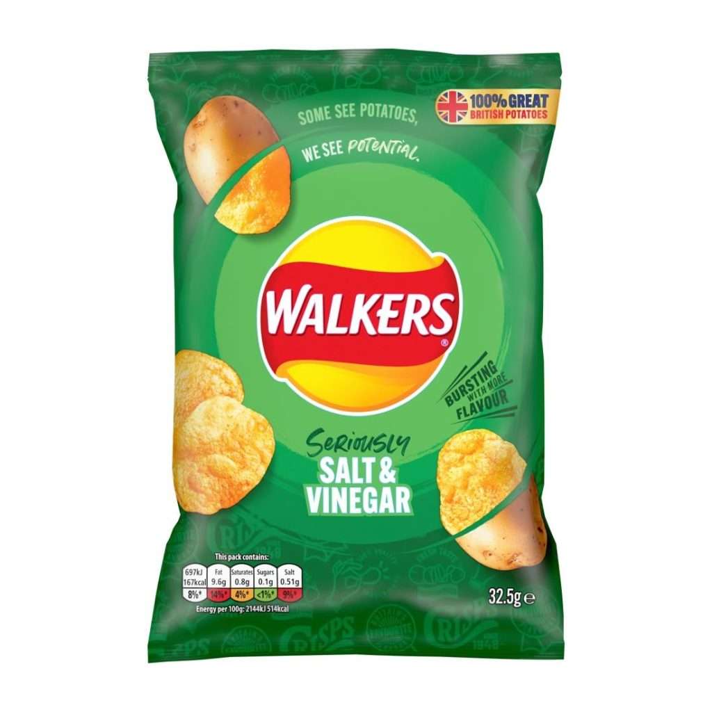 Walkers Salt & Vinegar Flavour Crisps 32.5g (Pack of 32)