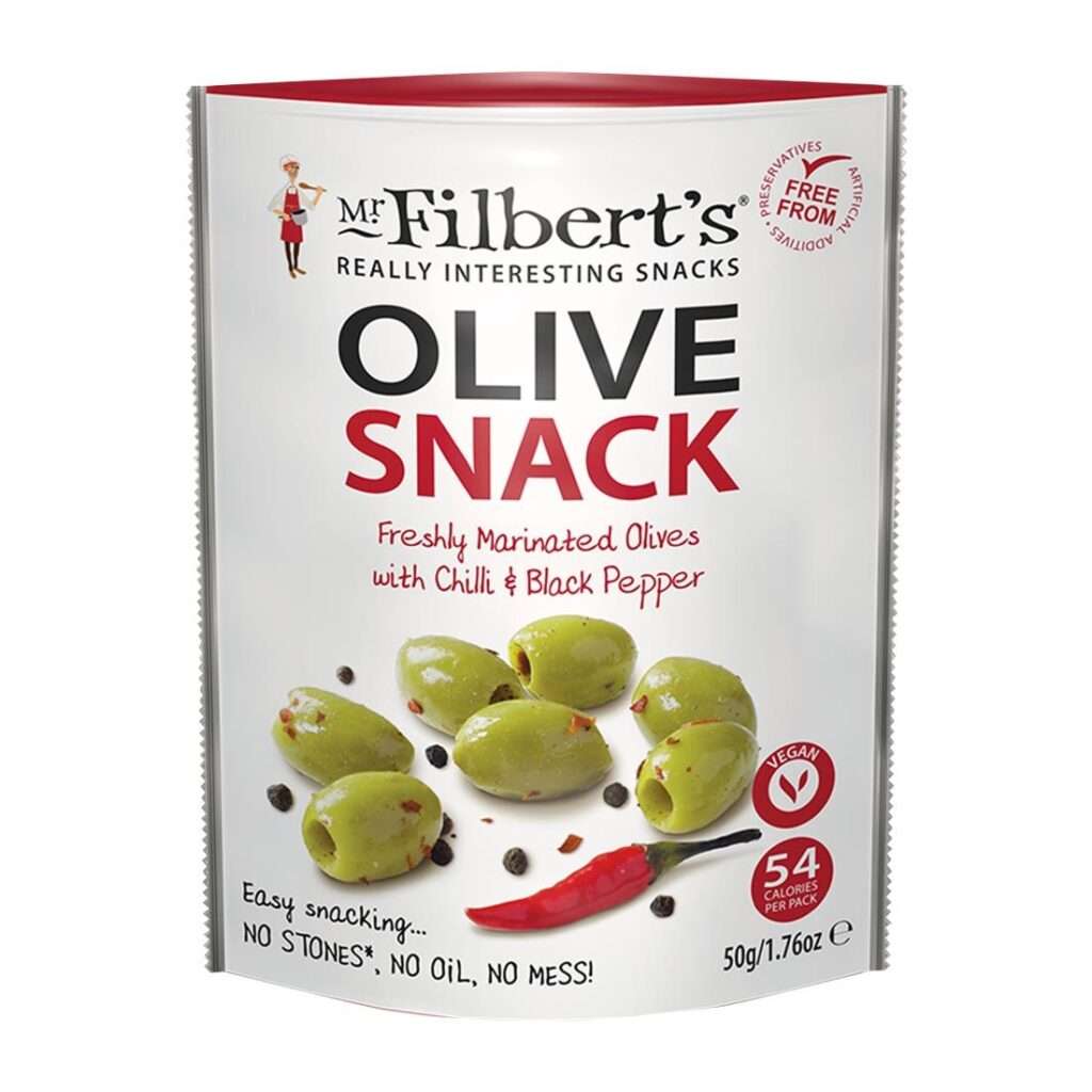 Mr Filbert’s Green Olives Chilli & Black Pepper 50g (Pack of 12)