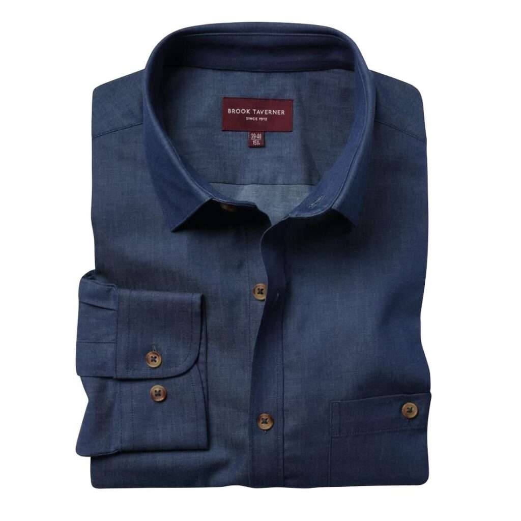 Brook Taverner Mens Jasper Long Sleeve Chambray Shirt Navy 16″