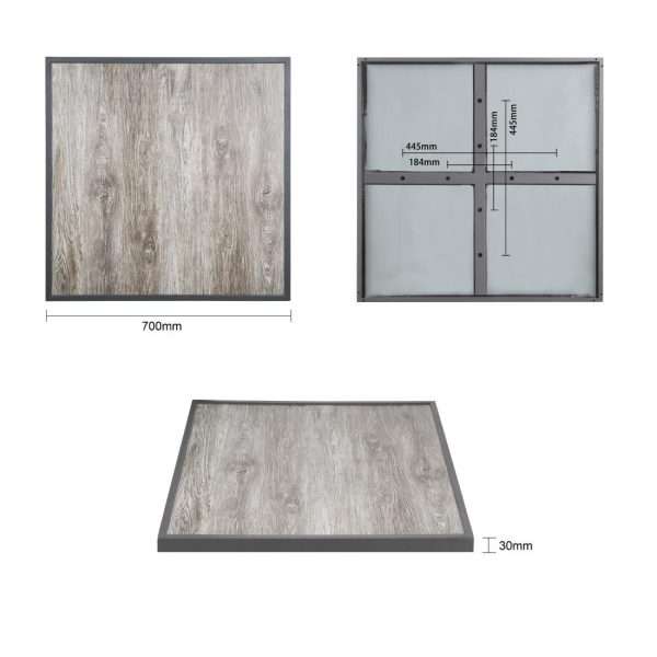 Bolero Wood Grain Effect Outdoor Tempered Glass Table Top Grey Trim 700mm