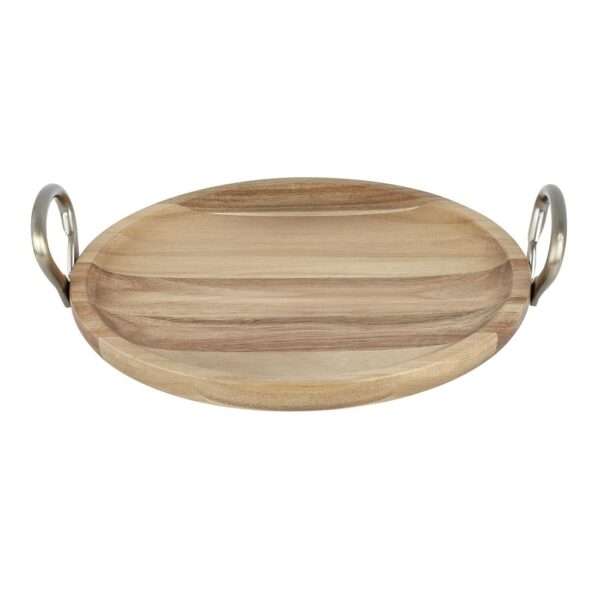 Olympia Round Dish Acacia Wood With Metal Handles 345x305x80mm