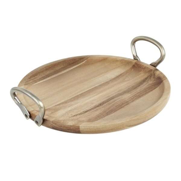 Olympia Round Dish Acacia Wood With Metal Handles 345x305x80mm