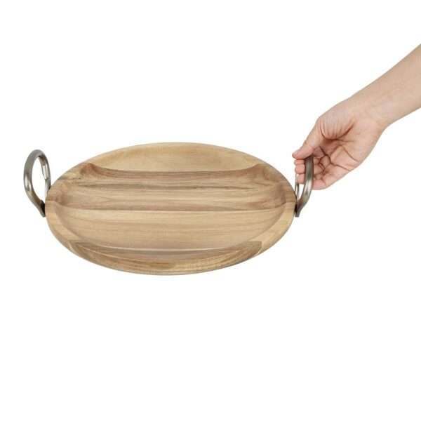 Olympia Round Dish Acacia Wood With Metal Handles 345x305x80mm